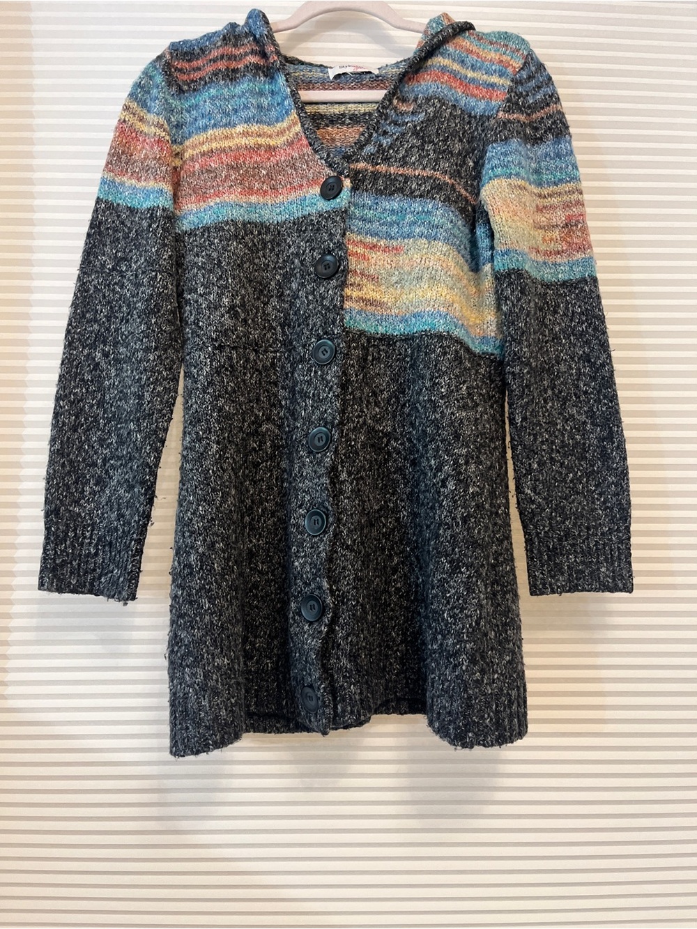 Style & Co. Charcoal Hooded Cardigan with Blue, Yellow & Pink Stripes